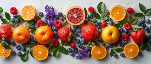 Colorful citrus fruit arrangement with fresh leaves. Ideal for food photography  recipe websites  and healthy meal inspiration.