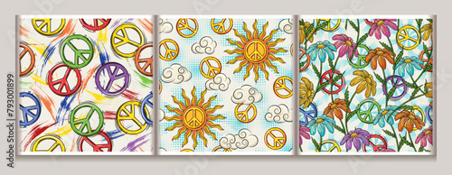 Seamless summer patterns with sun, peace sign, clouds, chamomiles and halftone shapes. Groovy, hippie style. Good for apparel, fabric, textile