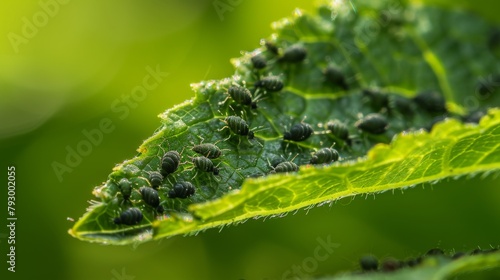 Tiny aphids clustered on the underside of a leaf, feeding on its nutritious sap