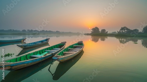 Traditional fishing boats floating peacefully on the calm waters of the river at sunrise