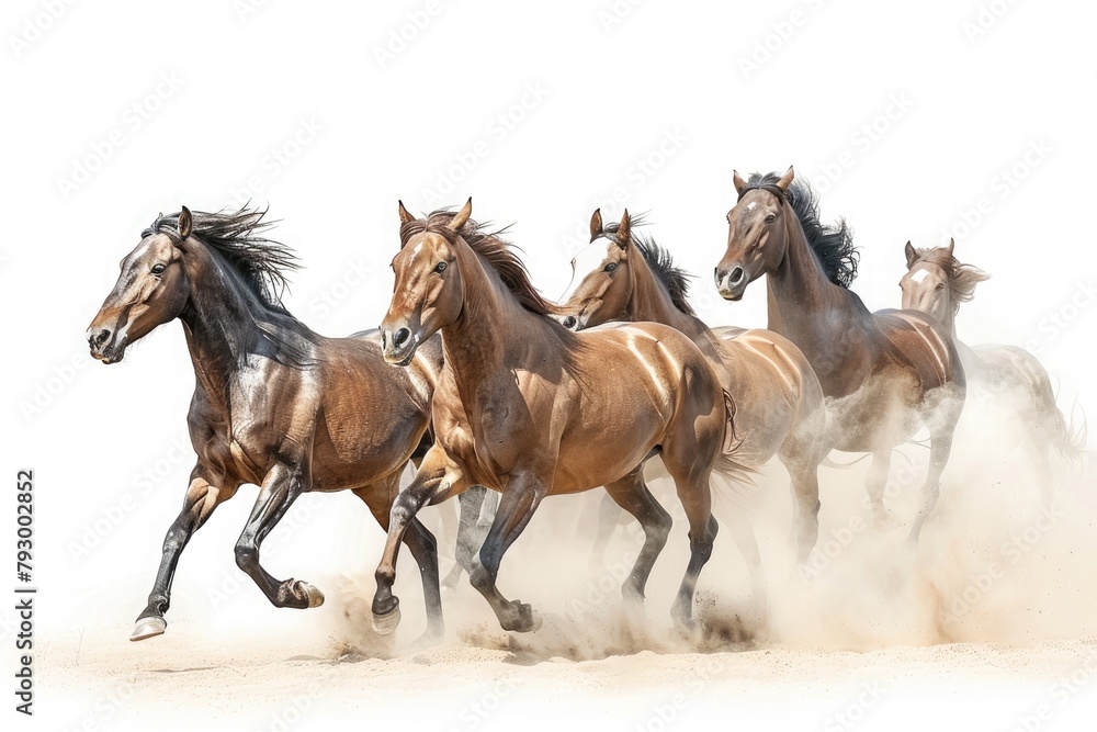 Power and grace of a galloping herd of wild horses, their thundering hooves kicking up clouds of dust, isolated on pure white background.