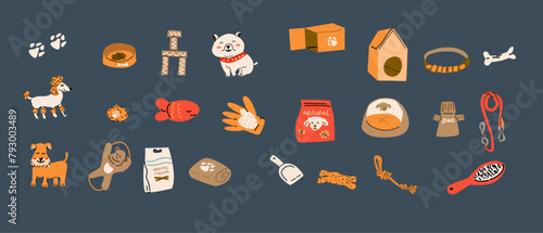 Cartoon dogs and equipment. Cute doodle poodle, terrier and bulldog home pets with supplies, toys, bed, bowl, food and leash, towel. Vector set