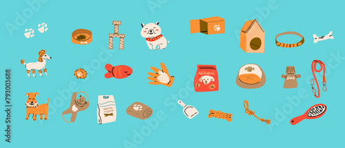 Cartoon dogs and equipment, supplies for pets and puppy breeds.