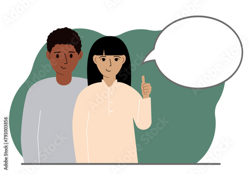 A man and woman couple dream and plan. Next to the couple is a large thought bubble. Vector flat illustration.