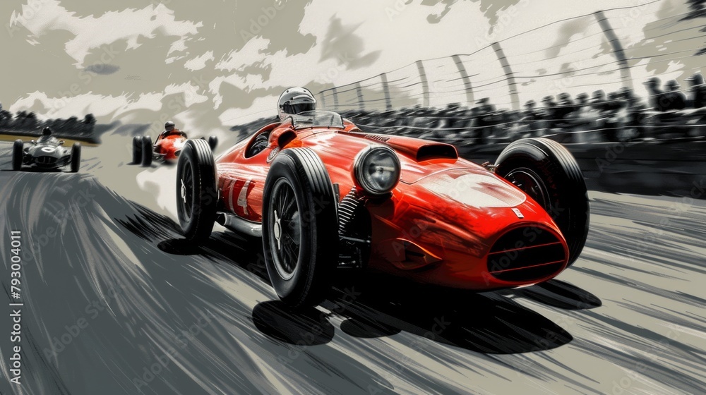 Vintage racing cars roaring past cheering spectators on a historic track