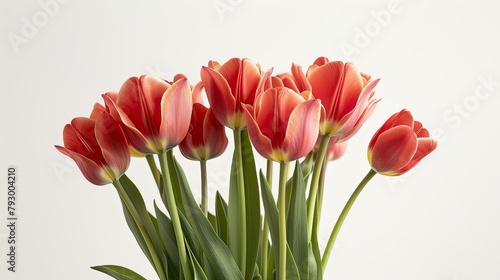 A striking bunch of tulip flowers stands out against a clean white backdrop A stunning red tulip complete with its stem and leaves takes center stage in a captivating close up shot This nat