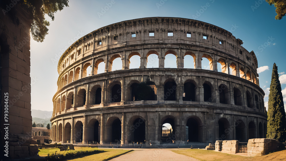 Historic rome amphitheatre colosseum landmark againts sunny sky