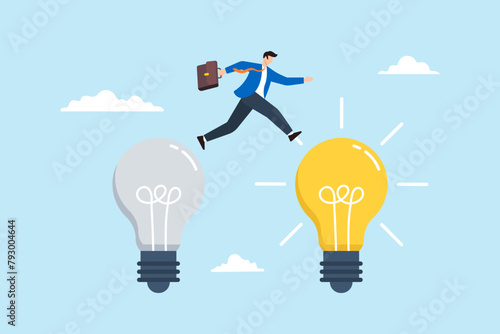 Smart businessman jump from old to new shiny light bulb, illustrating of business transformation. Concept of transitioning to more innovative company, improvement, and adaptation to new normal