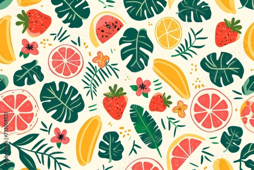 Watercolor seamless Illustration of summer with various types of different fruits, flowers, concept of the arrival and onset of summer. Concept for wrapped cover paper