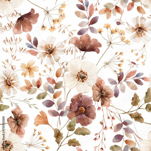 Beautiful floral seamless pattern with hand drawn watercolor autumn fall colors flowers. Stock floral illustration.