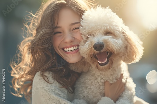 A photo of an excited woman hugging her white poodle dog in the street, laughing and smiling on a sunny day