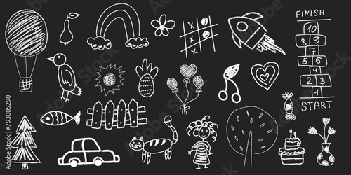 Set of vector doodles drawn with chalk by hand on a blackboard. Cute flower, rocket, animal elements, car, classics, trees. Baby side animal design for textiles, posters, flyers
