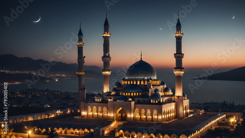 Islamic mosque with minaret tower glowing at dusk photo