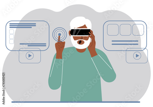 A man wearing a virtual reality headset studies, works, plays and works. Vector flat illustration