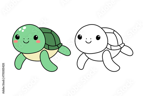 Hand drawn cute sea turtle. Marine life animals. Coloring page template