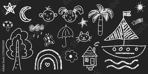 Set of vector doodles drawn with chalk by hand on a blackboard. Cute flower, ship, umbrella, animal elements, house, trees, rain, children, palm tree. 