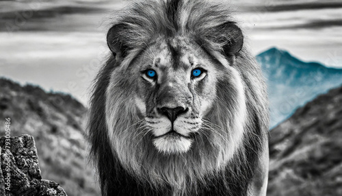 A close up portrait of a male lion's face in Black and white with blue eyes. photo