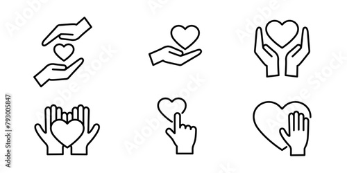 Set of outline icons with hands and hearts. Editable stroke. Donate and charity concept 