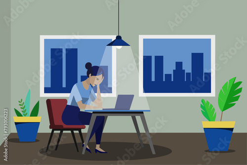 Burnout concept illustration with exhausted female office worker sitting at the table. Frustrated worker, mental health problems. Vector illustration in flat style