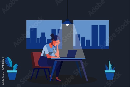 Burnout concept illustration with exhausted female office worker sitting at the table. Frustrated worker, mental health problems. Vector illustration in flat style