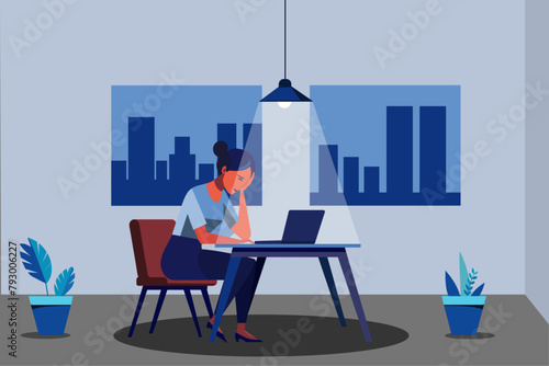 Burnout concept illustration with exhausted female office worker sitting at the table. Frustrated worker, mental health problems. Vector illustration in flat style