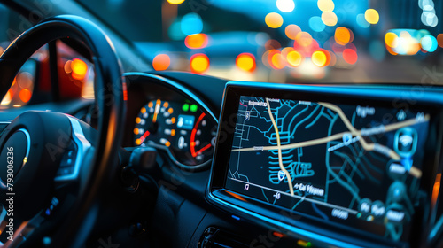 Close-up of a car dashboard with a high-resolution navigation screen displaying GPS maps, vehicle settings, and traffic updates, enhancing travel convenience.