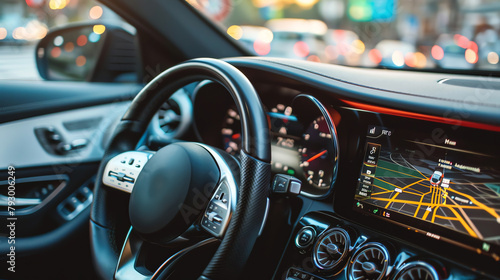 Close-up of a car dashboard with a high-resolution navigation screen displaying GPS maps, vehicle settings, and traffic updates, enhancing travel convenience. © arhendrix