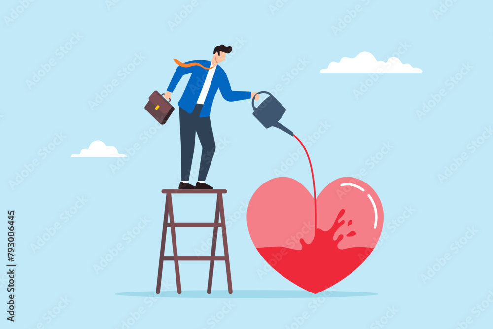 Businessman pouring water to fill heart illustrating work passion and motivation to succeed. Concept of attitude of finding fulfillment in work we love to do, fostering mindset dedicated to success Businessman pouring water to fill heart illustrating work passion and motivation to succeed. Concept of attitude of finding fulfillment in work we love to do, fostering mindset dedicated to success