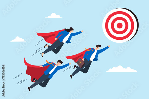 Superhero business people flying toward bullseye target illustrating teamwork, professional aim, and reaching goals. Concept of collaborative effort, leadership, and determination to achieve success