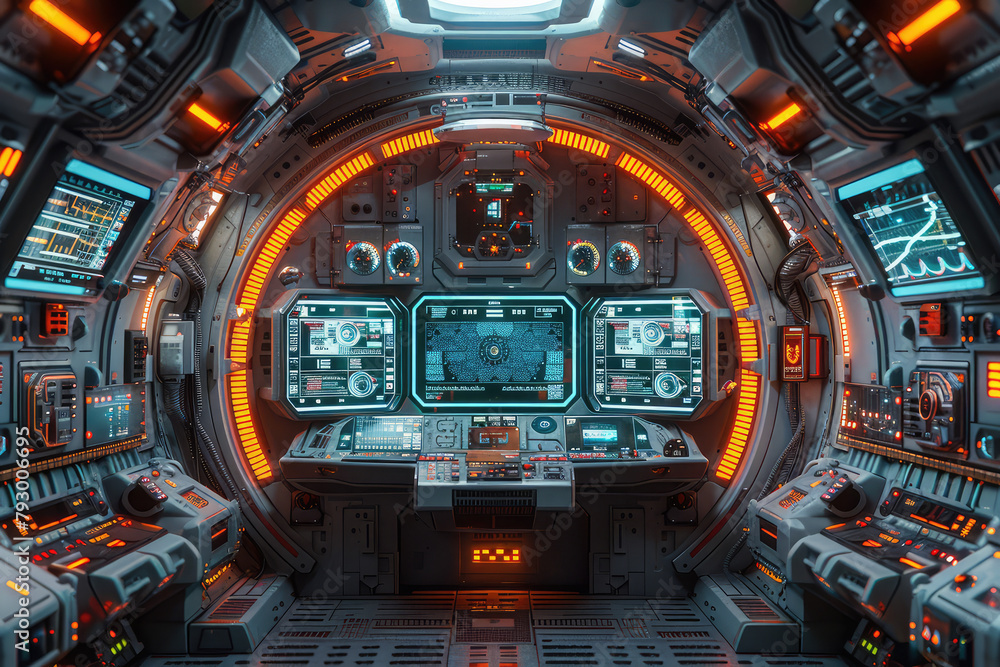 The interior of a spaceship, with a circular cockpit containing multiple monitors and control panels lit with orange lights. Created with Ai
