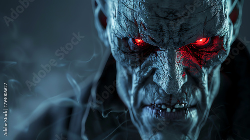 Close-up of a menacing 3D modeled character with glowing red eyes and sinister expression, designed for a video game antagonist. photo