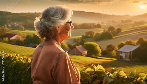 old woman looking to a beautiful landscape, sunset