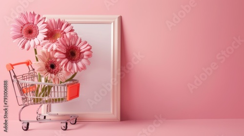 An empty photo frame adorned with a tasteful arrangement of gerbera daisies sits elegantly in a shopping cart Perfect for event invitations wedding inspiration and innovative store marketin photo