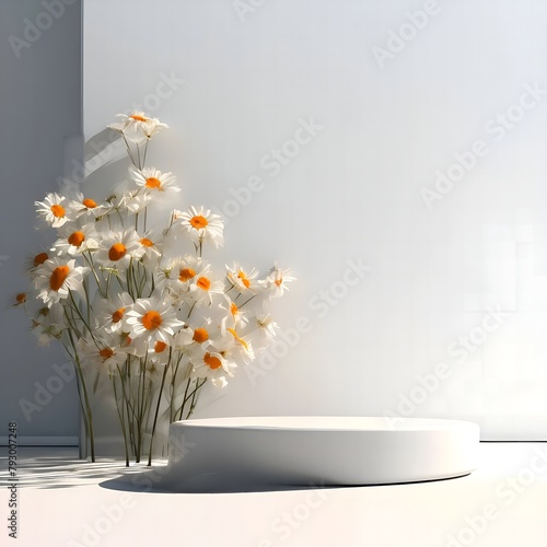 A bouquet of daisies behind a white round podium for demonstration, on a white wall light with shadows