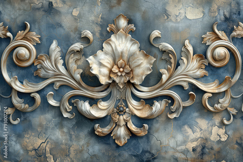 old vintage victorian wallpaper, blue and white damask floral design, distressed. Created with Ai