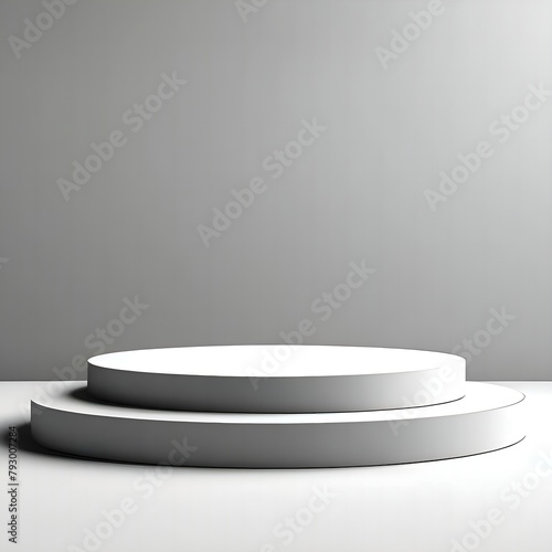 Round double white podium for demonstration on a gray background with shadows, isolate, minimalism