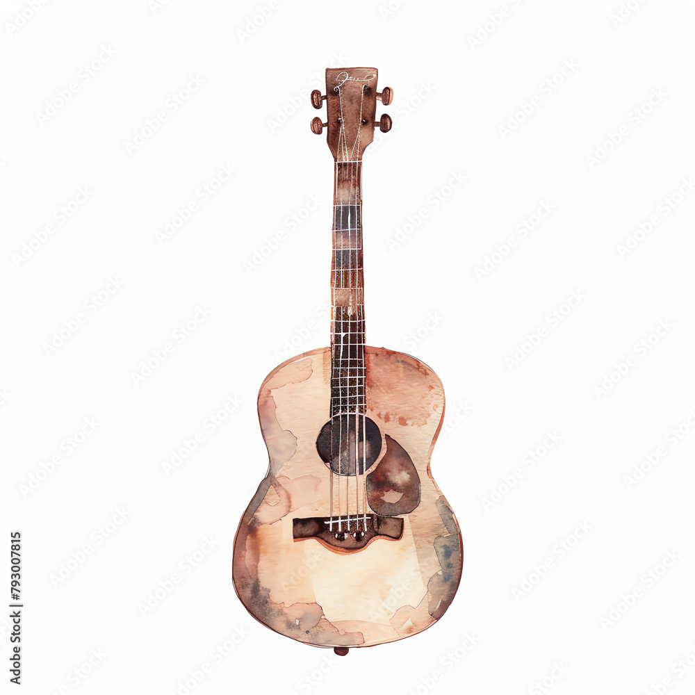 Fototapeta premium Minimalistic watercolor illustration of a guitar on a white background, cute and comical.