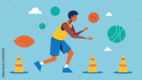 Dribbling a basketball through a series of cones while also reciting a sequence of numbers called out by a coach challenging both physical and