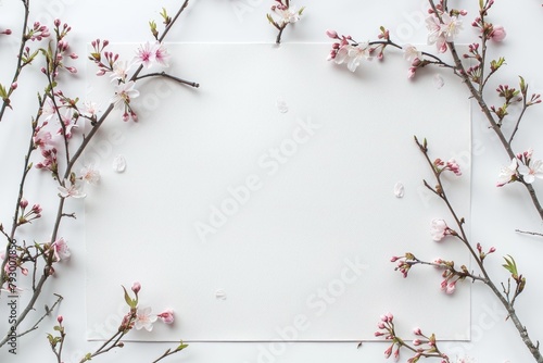 A clean, minimalistic design of a blank white paper with dry cherry blossoms softly resting along the sides