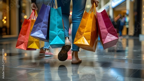 Shoppers feet carrying colorful bags in mall representing retail therapy and consumerism. Concept Shopping Addiction, Retail Therapy, Consumerism Culture