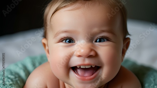 Close up of Happy newborn baby with a wide smile, showing the upper teeth