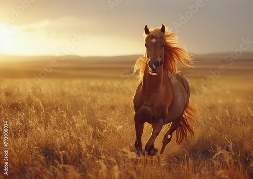 A horse galloping across a vast, sun-kissed field.