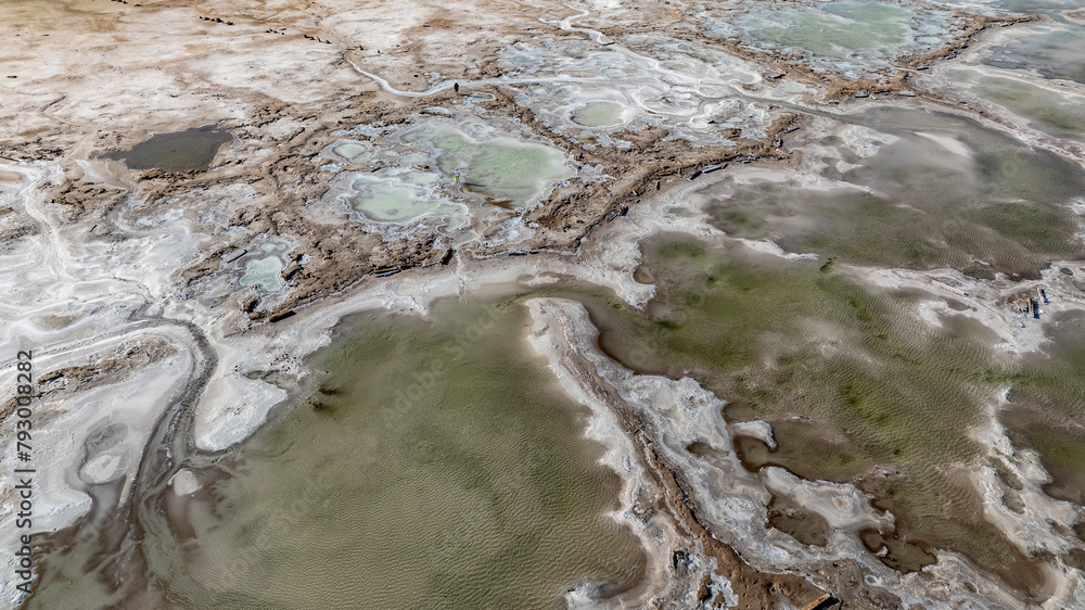 cosmic unreal landscapes of the Baskunchak salt lake on a spring day from the height of a drone flight cosmic unreal landscapes of the Baskunchak salt lake on a spring day from the height of a drone flight