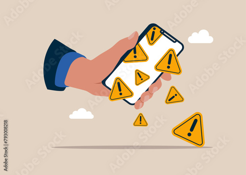 Exclamation attention signs fall from a smartphone. Incident management, root cause analysis or solving problem, identify risk or critical failure.  Vector business people character illustration. 