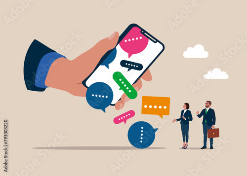 Stack of online speech bubbles fall from a smartphone. Inefficient discussion or meeting concept. Too many messages or spam. Flat vector illustration.