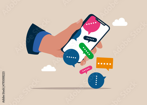 Stack of online speech bubbles fall from a smartphone. Too many messages or spam. Flat vector illustration.