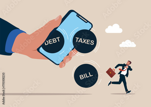 Debt, taxes, bill fall from a smartphone. Businessman with financial problems trying to avoid debt. Man run away from balls. Bankruptcy and economic crisis. Avoidance of tax burden. 