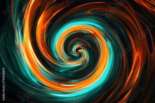 Dynamic neon swirl design with orange and turquoise hues. Energetic artwork on black background.