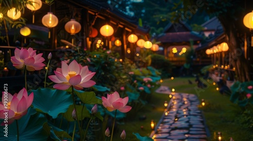 Enchanting evening at a traditional Asian garden with illuminated lotus flowers and lanterns