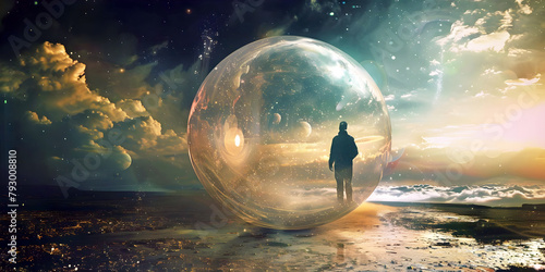 landscape with sea, clouds and a man in a bubble, ai generated #793008810